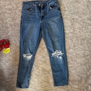 American Eagle Outfitters Women's Dark Blue Ripped Skinny Jeans